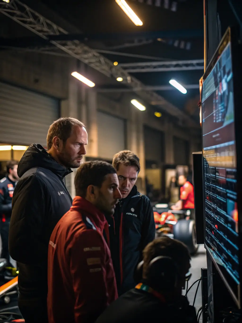 A group of TAC members working together on a race car engine, highlighting the teamwork and technical expertise involved.
