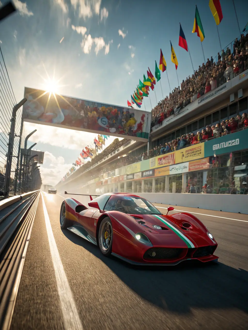 A high-speed race car drifting around a corner on a track, showcasing the thrill and excitement of motorsports.