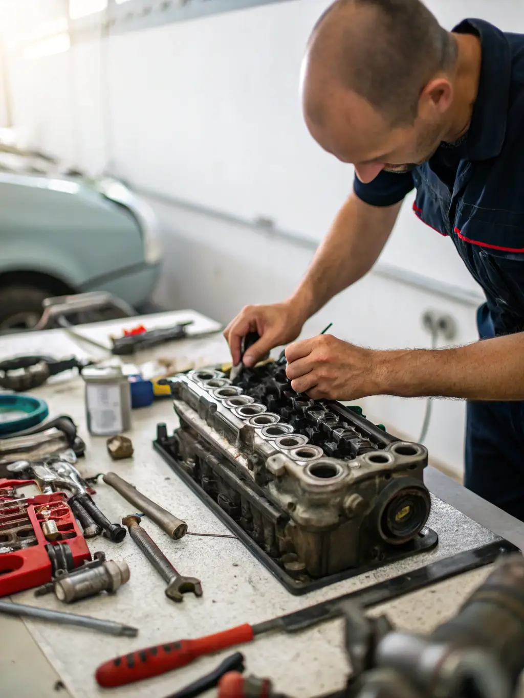 A detailed shot of a technician adjusting the suspension of a race car, emphasizing the precision and attention to detail required.